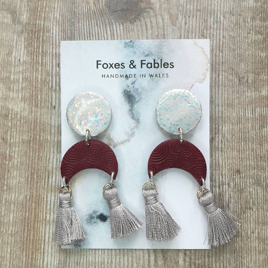 Ariel Collection Burgundy Half Moon Earrings with Tassles