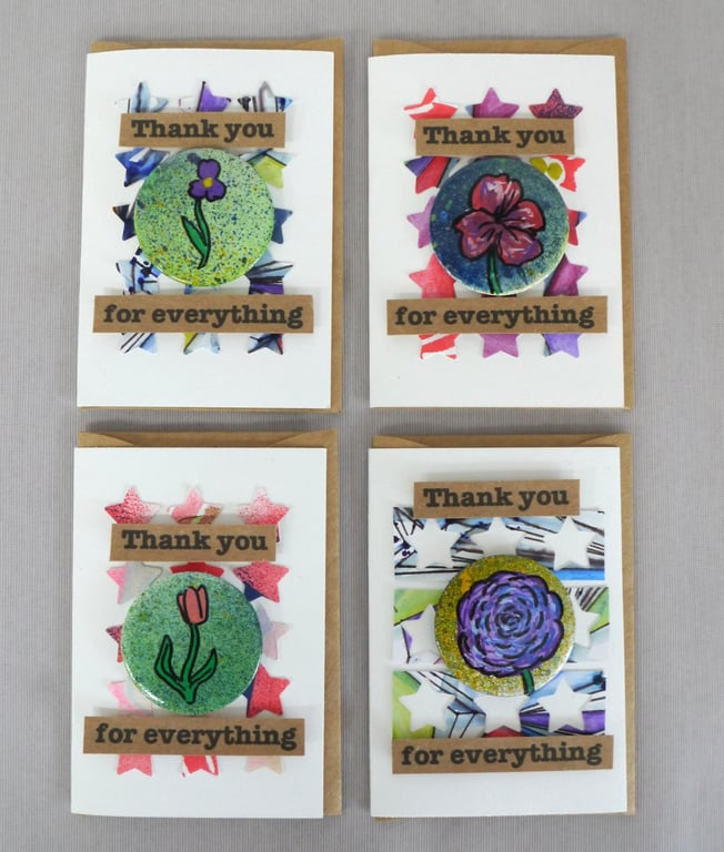 4 x Badges, Flower Badges, Badge Cards, Thank You Cards, Keepsake Cards