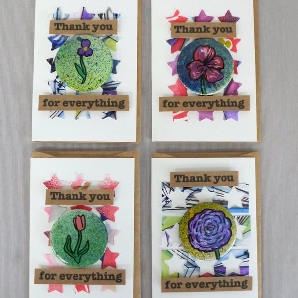 4 x Badges, Flower Badges, Badge Cards, Thank You Cards, Keepsake Cards