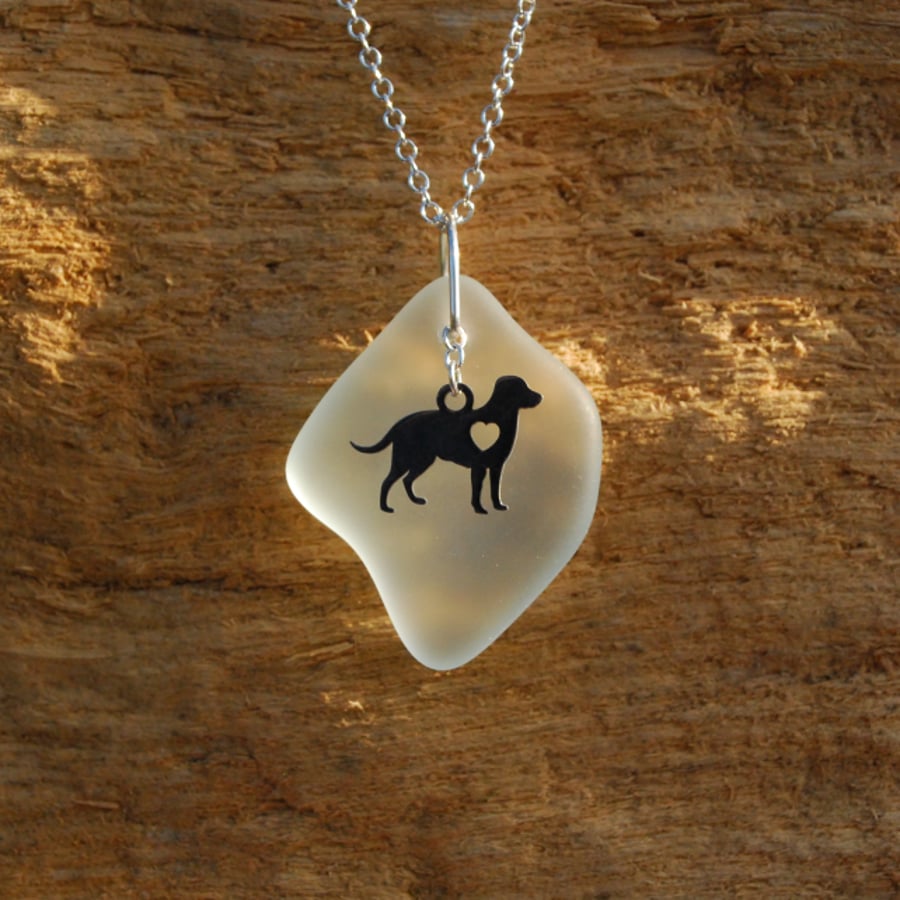 Aquamarine beach glass pendant with dog charm