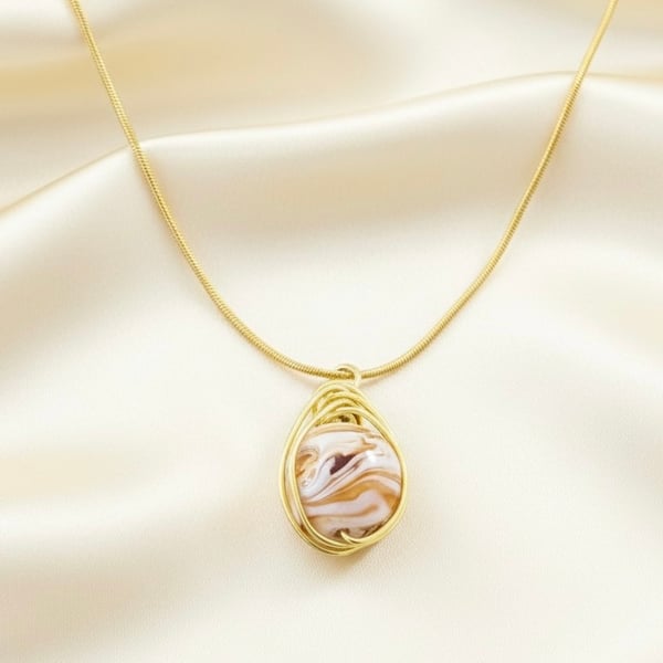 Coffee & Cream Wire Wrapped Pendant on Gold Plated Fine Snake Chain
