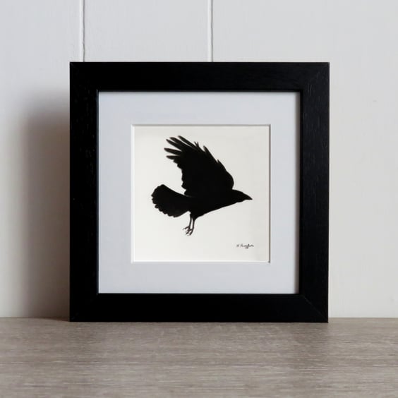 Charcoal pencil drawing of a flying crow, original wildlife art