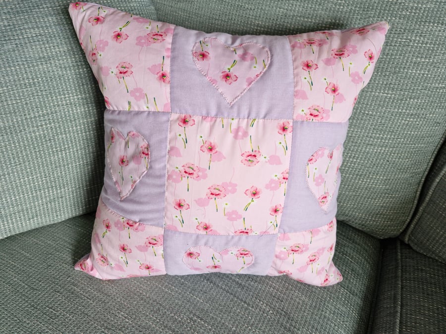 Pretty pink and lavender heart applique quilted 45cm cushion with new pad