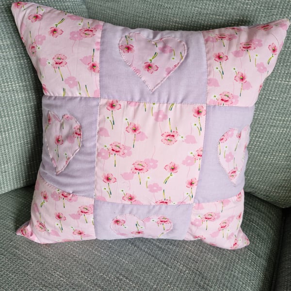 Pretty pink and lavender heart applique quilted 45cm cushion with new pad