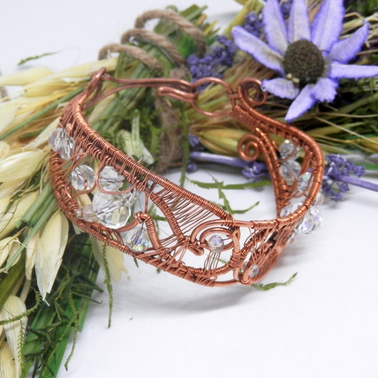 Elven Style Wire Woven Copper Bracelet With Beads