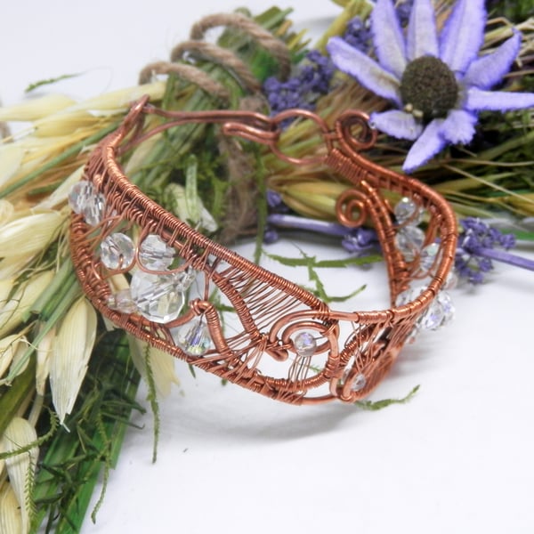 Elven Style Wire Woven Copper Bracelet With Beads