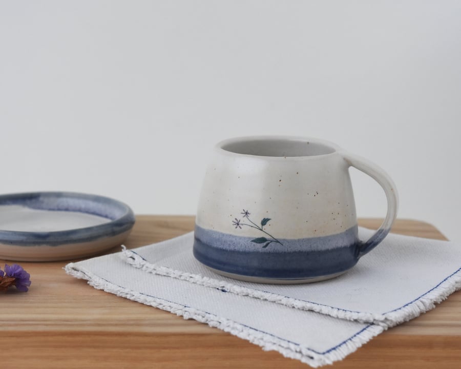 Ceramic espresso cup, handmade blue and white cup with flower illustration