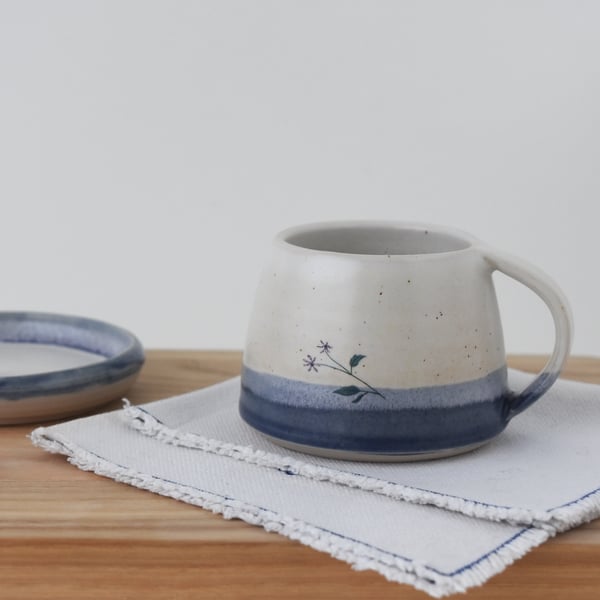 Ceramic espresso cup, handmade blue and white cup with flower illustration