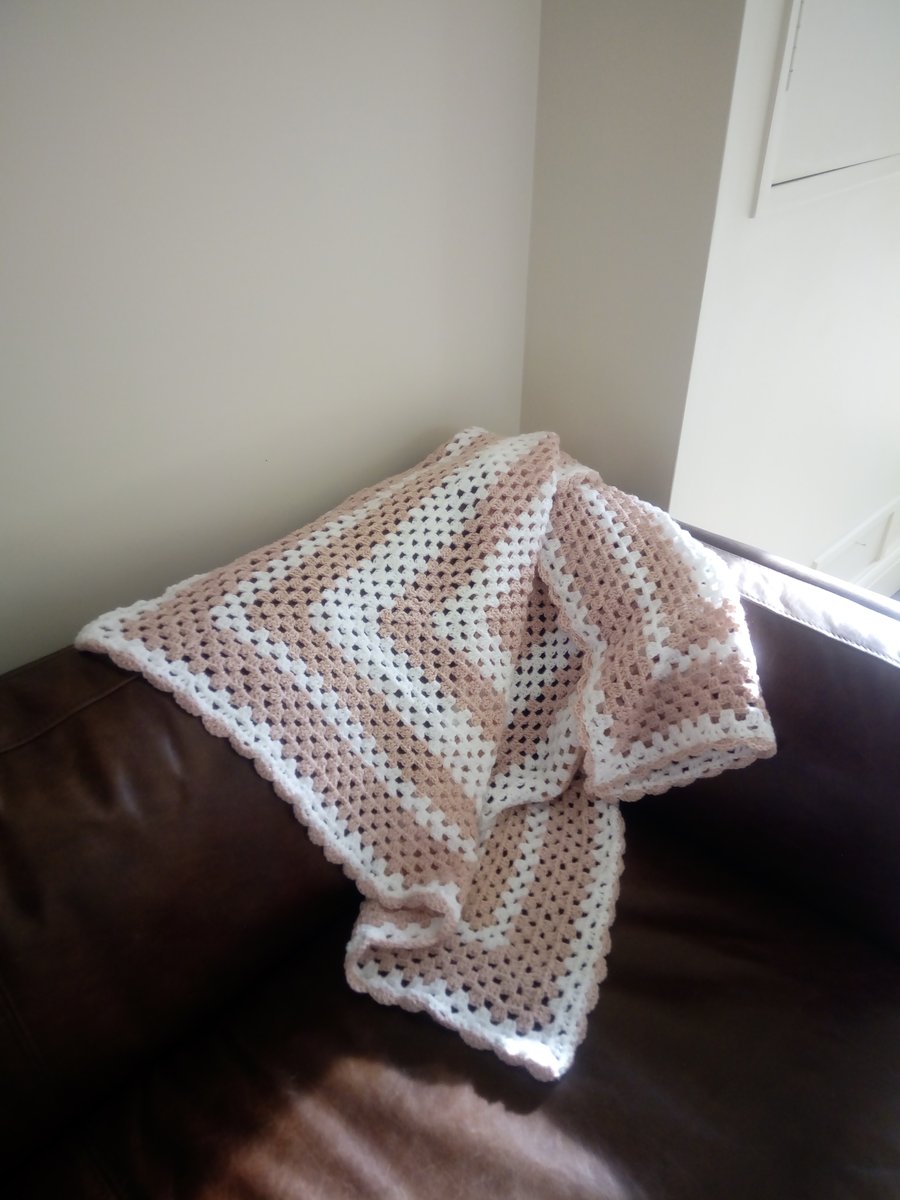 Crocheted Granny Square Sparkly Pink and White Blanket