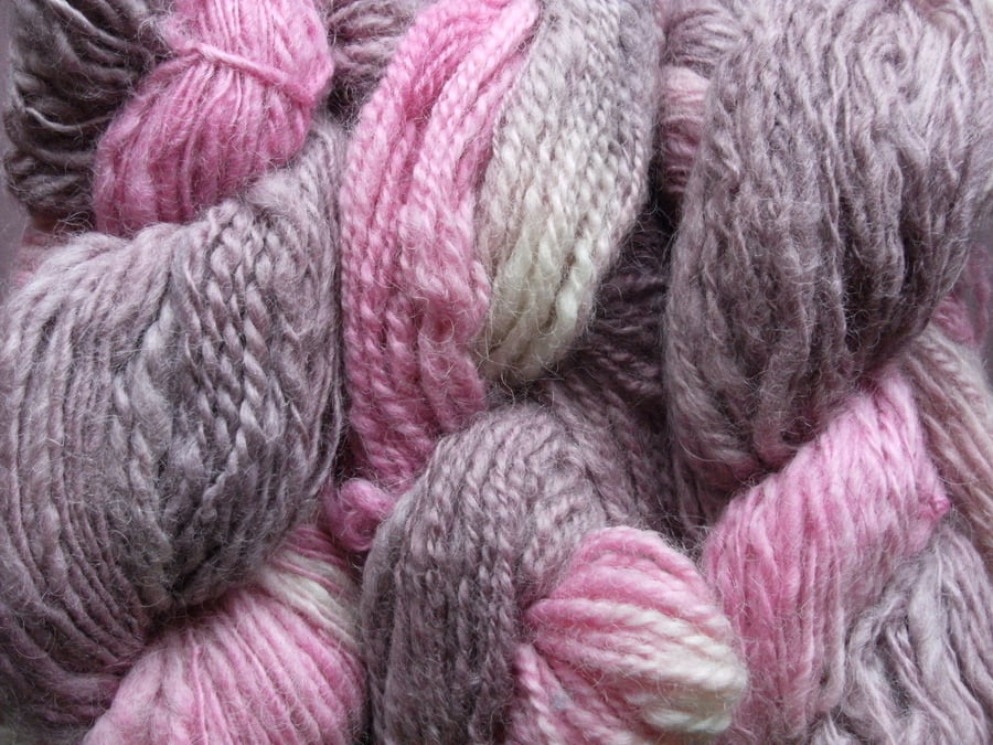SPECIALS! 200g Hand-dyed Hand-Spun ARAN 100% WOOL Purples & Pinks