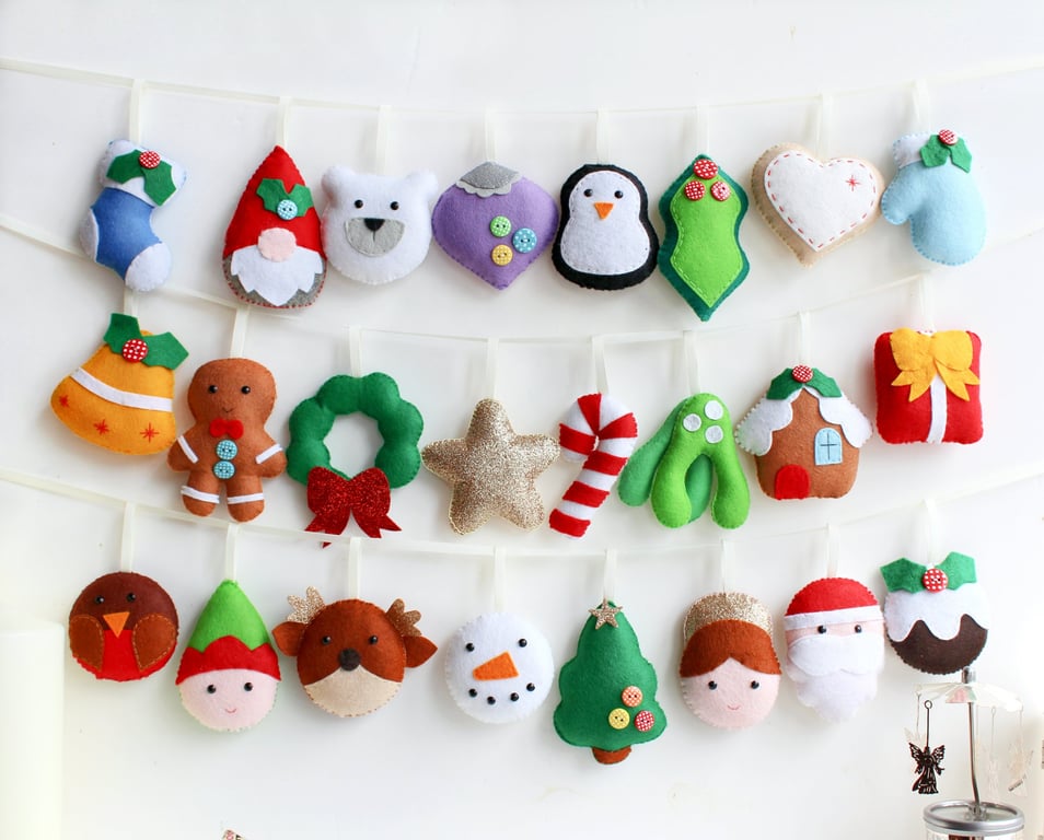 Felt Advent Garland. Handmade set of 24 felt decorations.