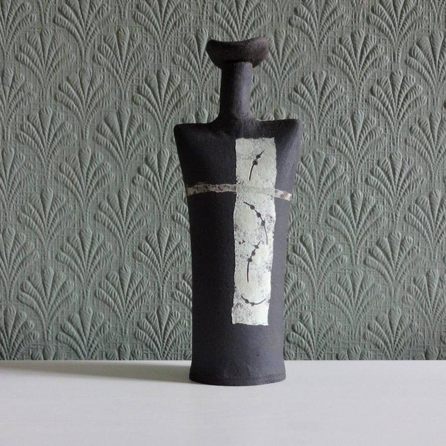 Abstract sculpture contemporary ceramic, grey green motifs, thoughtful gift