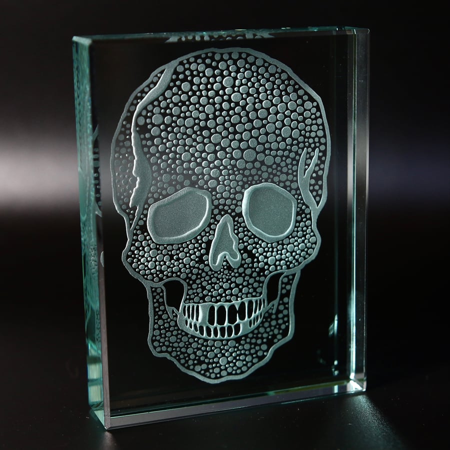 Skull Etched Glass Block