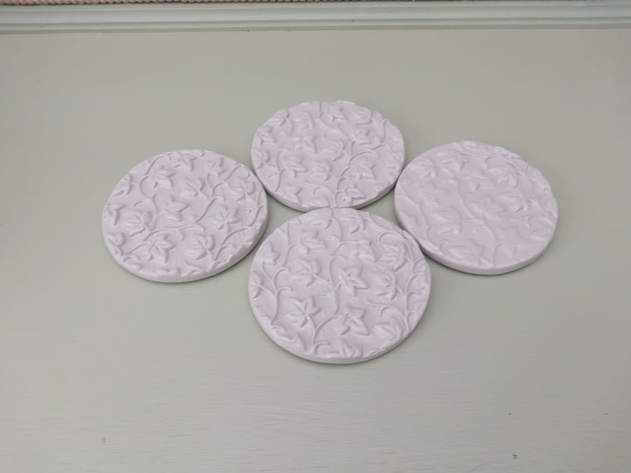Set of 4 Warm Clay Embossed Clay Coasters – Handmade Drink Mats – Modern Table D