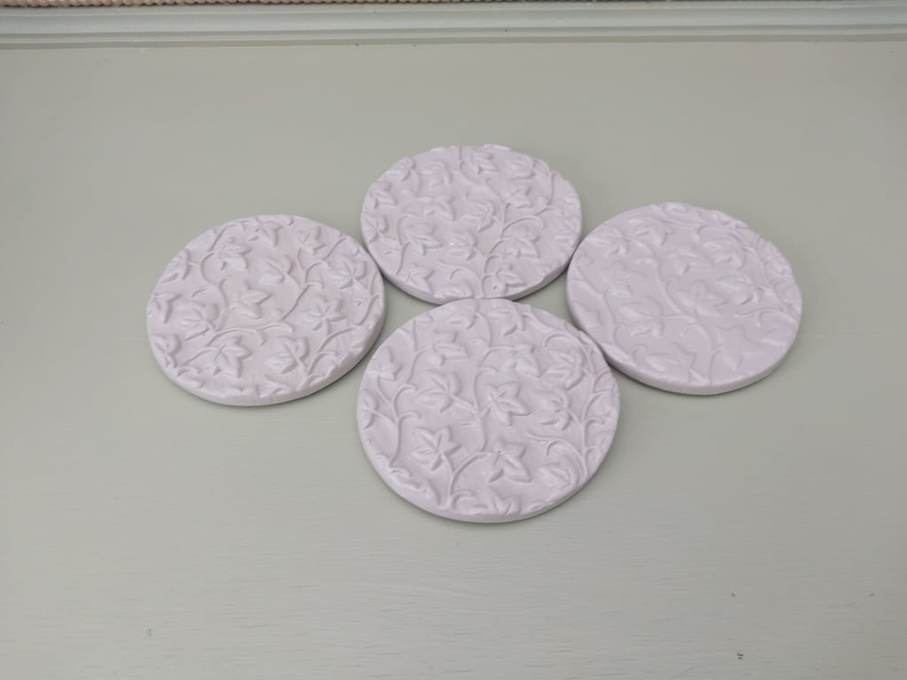 Set of 4 Warm Clay Embossed Clay Coasters – Handmade Drink Mats – Modern Table D