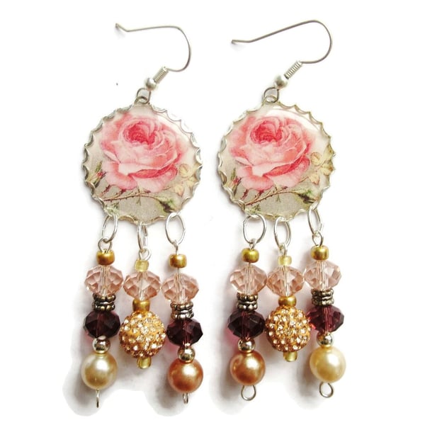 Pink Rose Earrings Pearly Faceted & Clear Beads Unique Boho Floral Flowers 