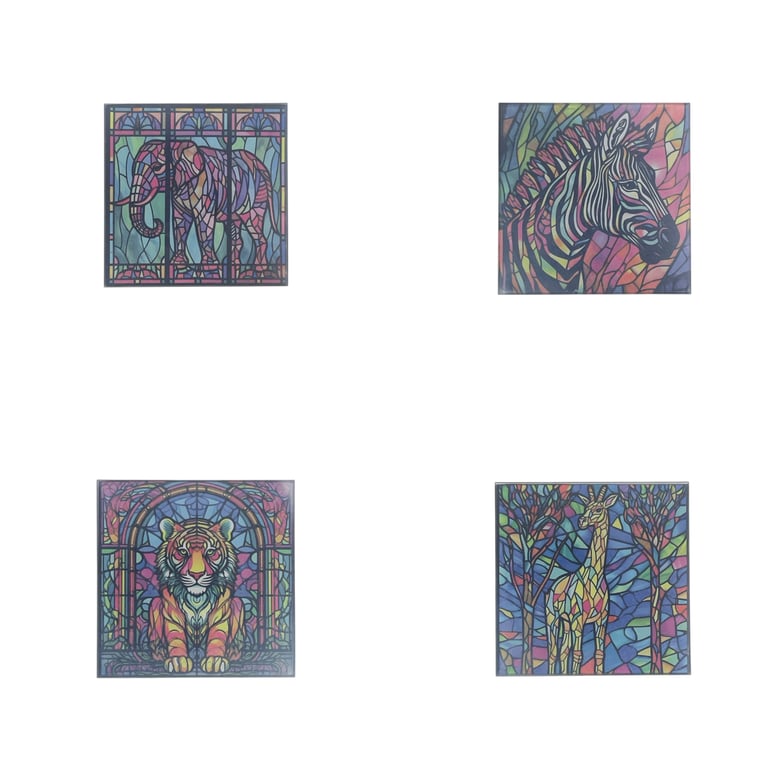 Stained Glass Style Wildlife Animal Glass Coaster Set 