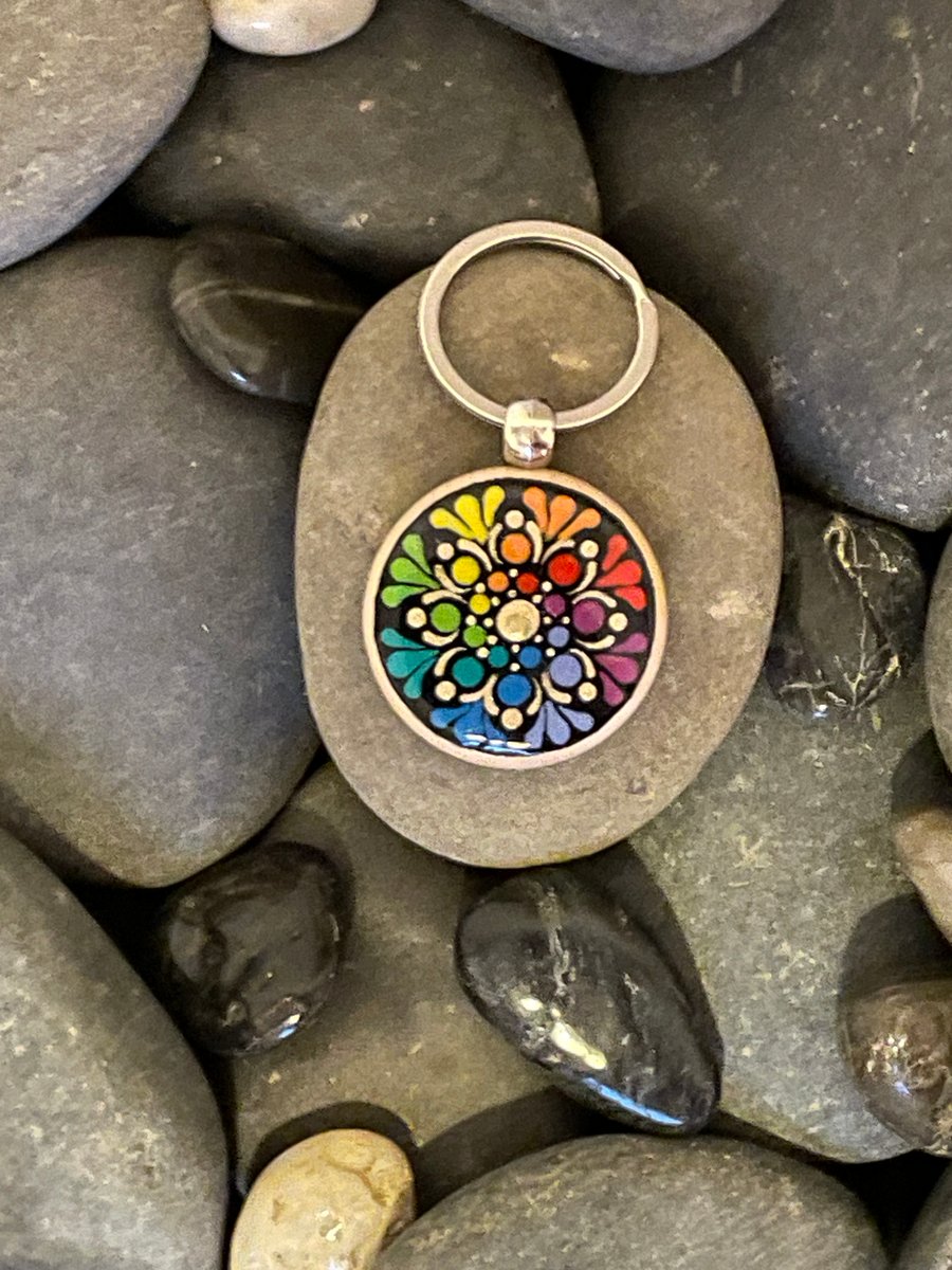 Hand Painted Keyring Mandala Acrylic Painting on Wood Original & Unique