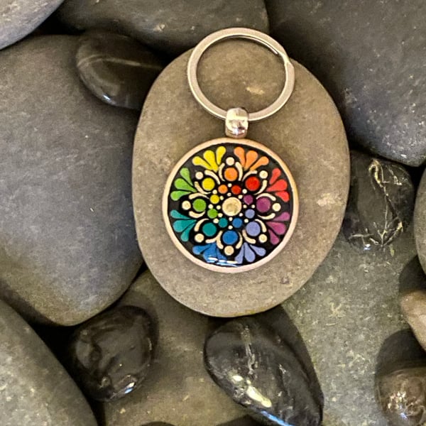 Hand Painted Keyring Mandala Acrylic Painting on Wood Original & Unique
