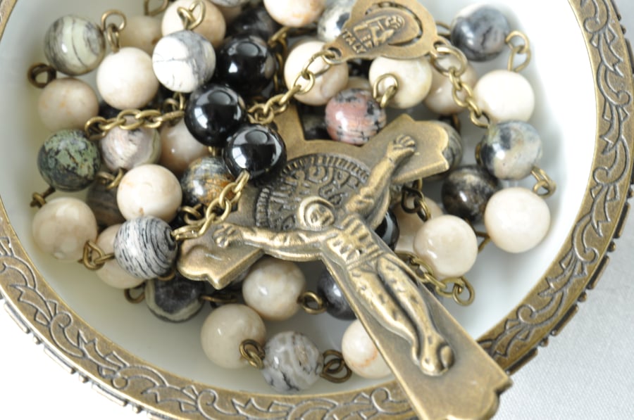 Creamstone, Silver Leaf Jasper and Black Agate Rosary Beads