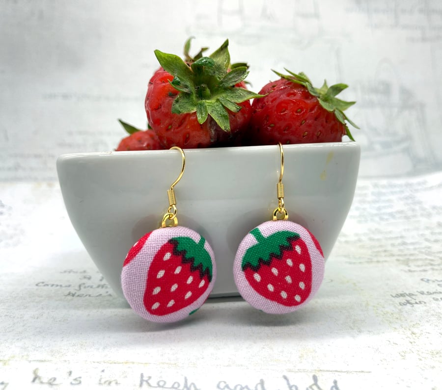 Strawberry fabric button earrings on pink background summer gifts for her