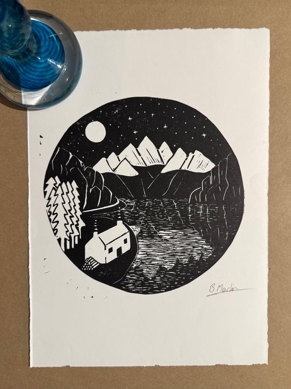 Perfectly Imperfect - Moonlit Mountains - original hand burnished lino print