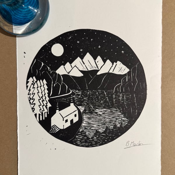 Perfectly Imperfect - Moonlit Mountains - original hand burnished lino print