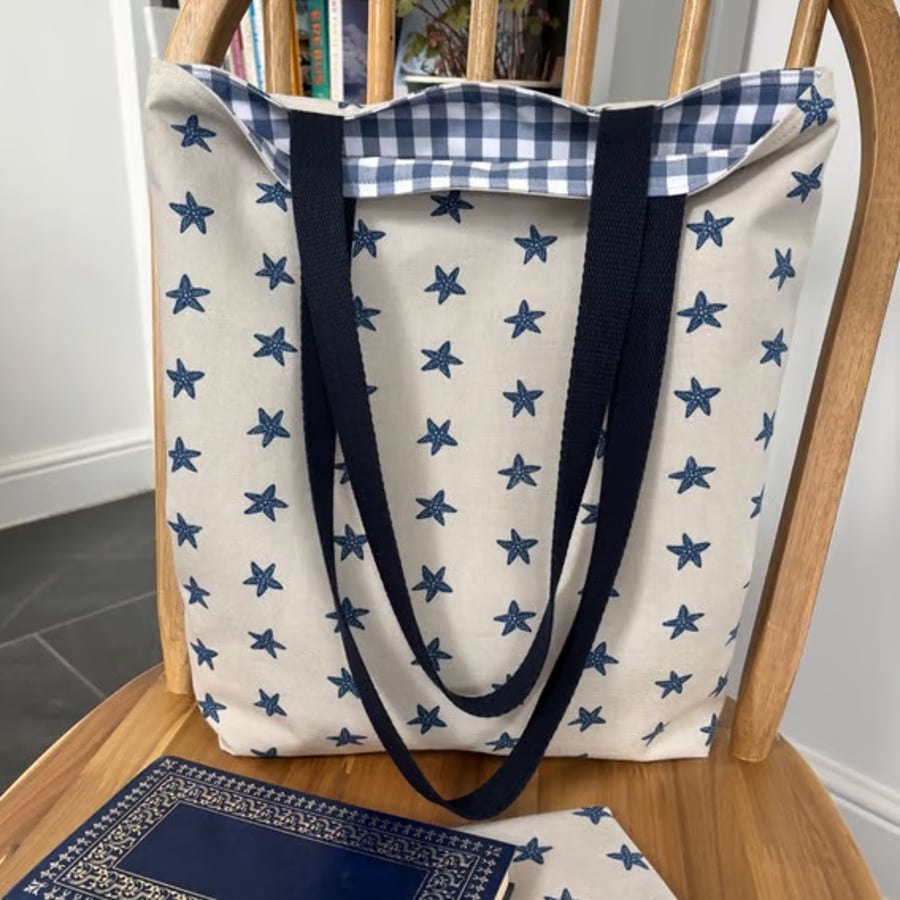 Image of Long handle tote bag, shopping bag, starfish print lined with blue gingham