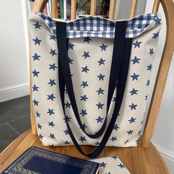 Long handle tote bag, shopping bag, starfish print lined with blue gingham