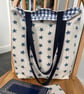 Long handle tote bag, shopping bag, starfish print lined with blue gingham - Image 1
