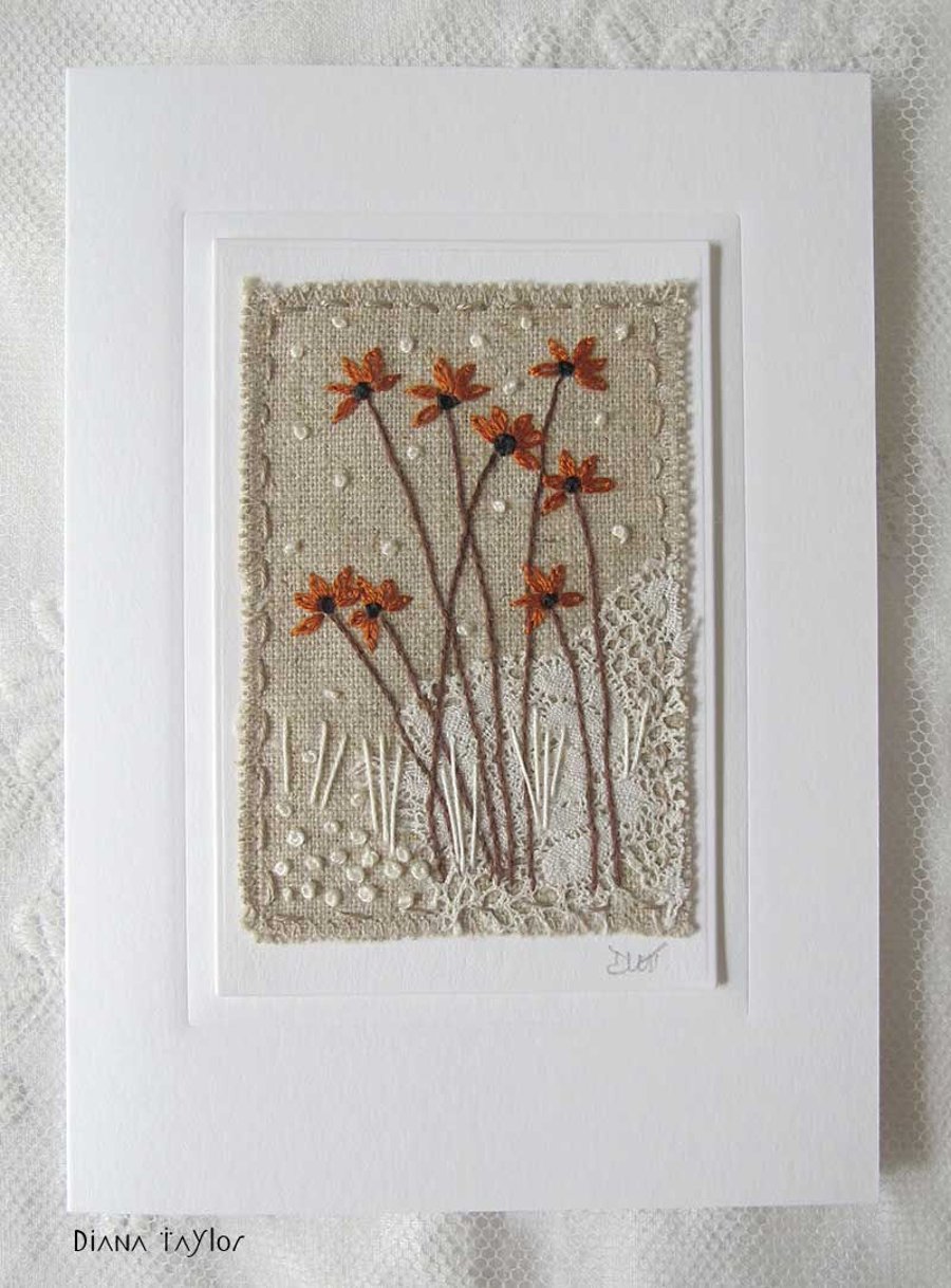 HAND EMBROIDERED GREETINGS CARD AUTUMN WINTER FLOWERS