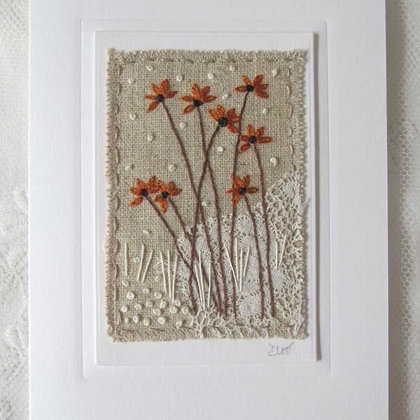 HAND EMBROIDERED GREETINGS CARD AUTUMN WINTER FLOWERS