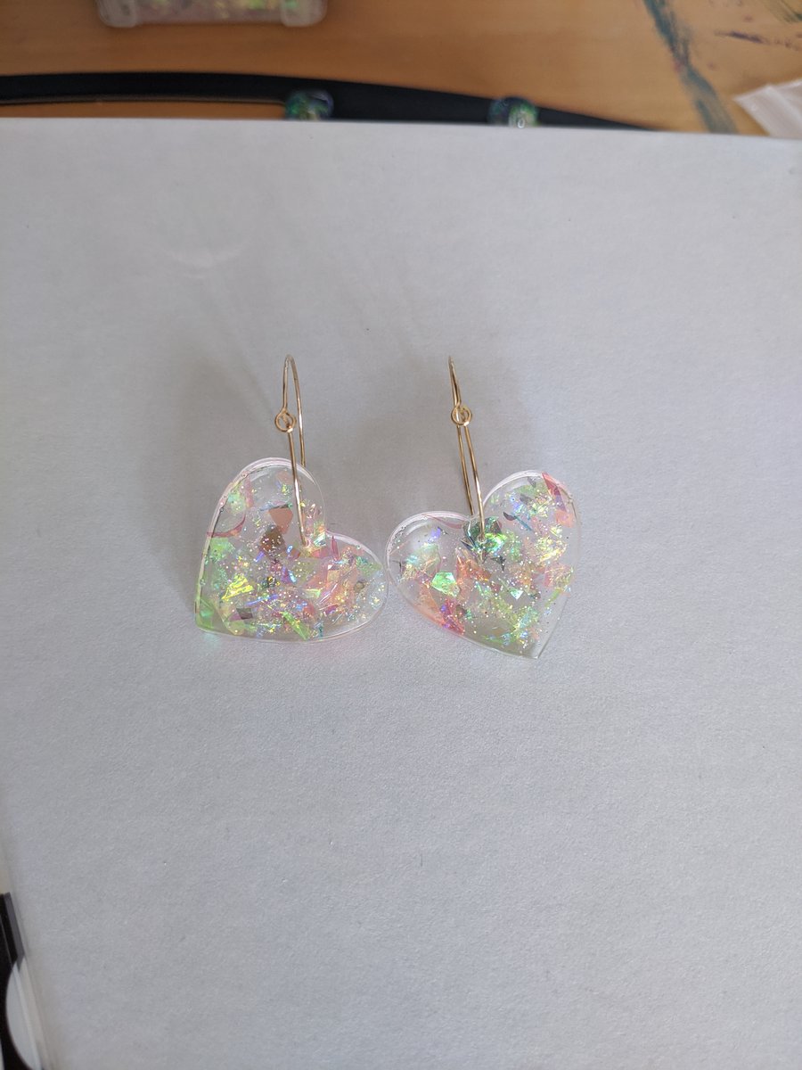 Large iridescent flake heart hoops 