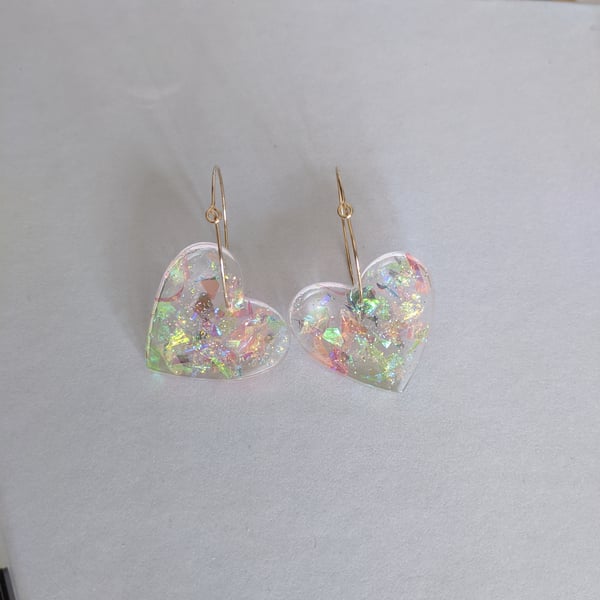 Large iridescent flake heart hoops 