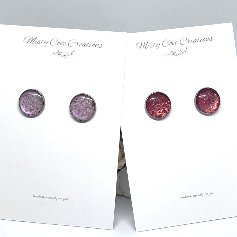 12mm Resin Stud Earrings  Lilac or Red 
