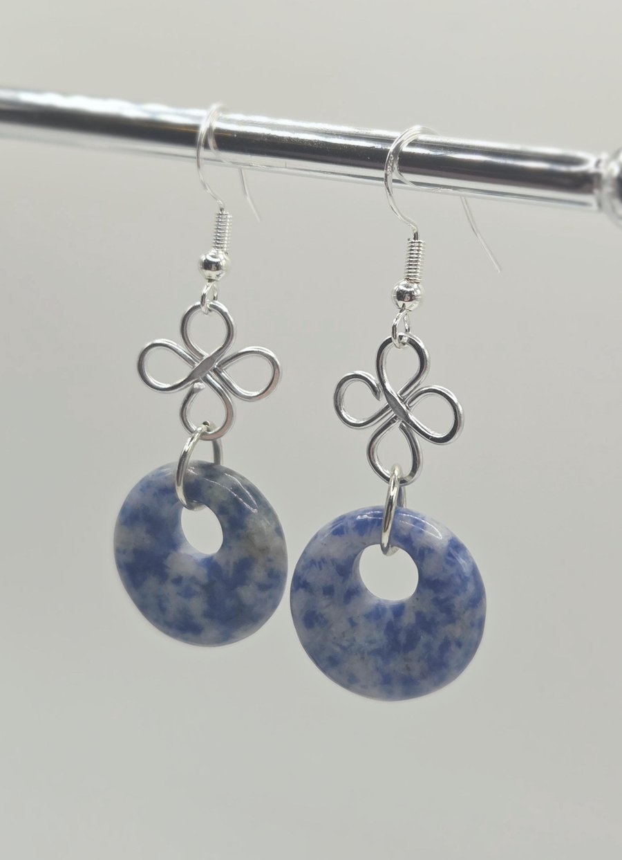Handmade Sodalite Donut Earrings with Silver Clover Charms, Sterling Silver