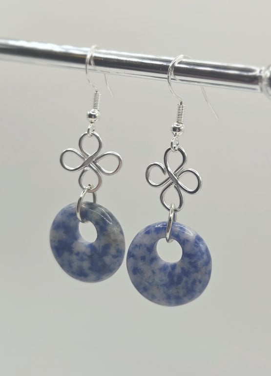 Handmade Sodalite Donut Earrings with Silver Clover Charms, Sterling Silver