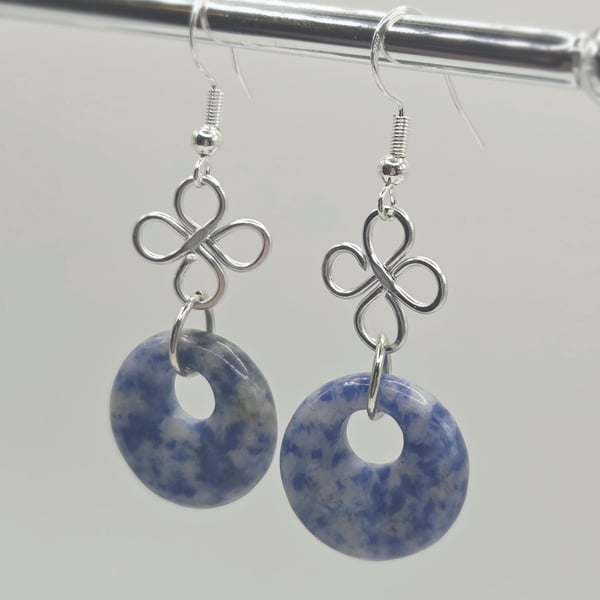Handmade Sodalite Donut Earrings with Silver Clover Charms, Sterling Silver