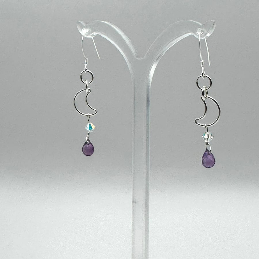 Sterling Silver Moon with Faceted Amethyst Drop – Celestial Handmade Earrings