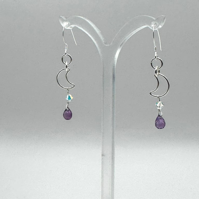 Sterling Silver Moon with Faceted Amethyst Drop – Celestial Handmade Earrings