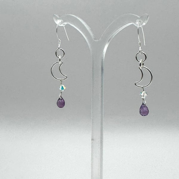 Sterling Silver Moon with Faceted Amethyst Drop – Celestial Handmade Earrings