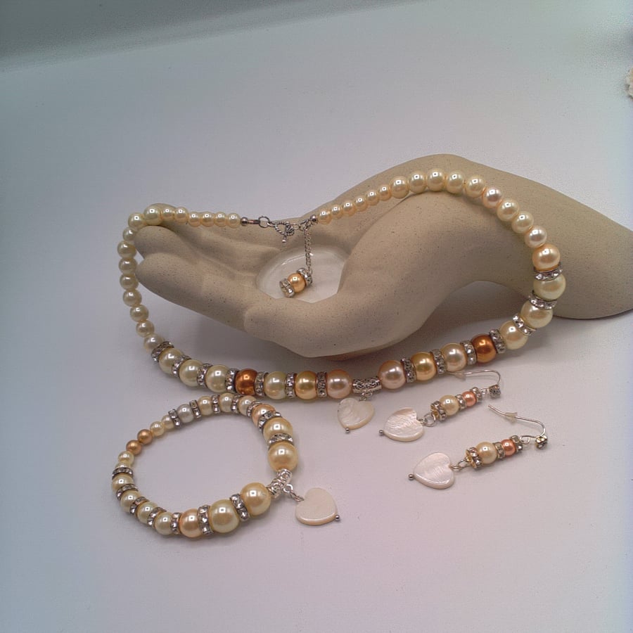 Cream Gold and Peach Pearl and Crystal Jewellery Set, Gift for Her, Gift Set
