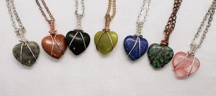Handmade wire wrapped heart shaped semi-precious stone