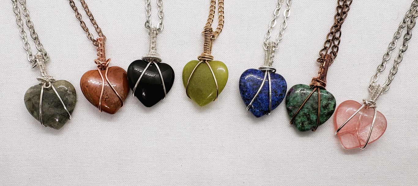 Handmade wire wrapped heart shaped semi-precious stone