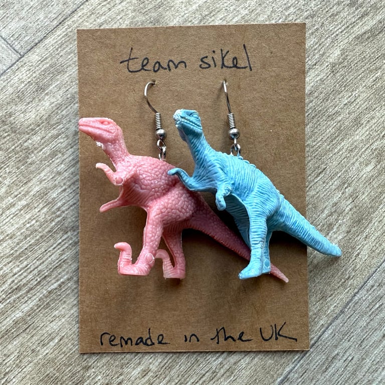 Upcycled Pink Velociraptor and Blue Allosaurus Dinosaur Earrings