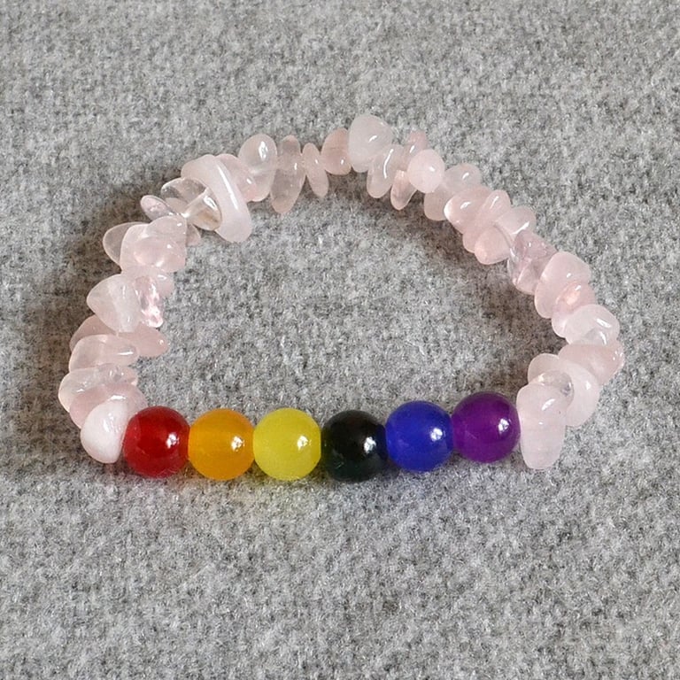 Pride Flag – Elastic Bracelet with Glass Beads and Rose Quartz Chip