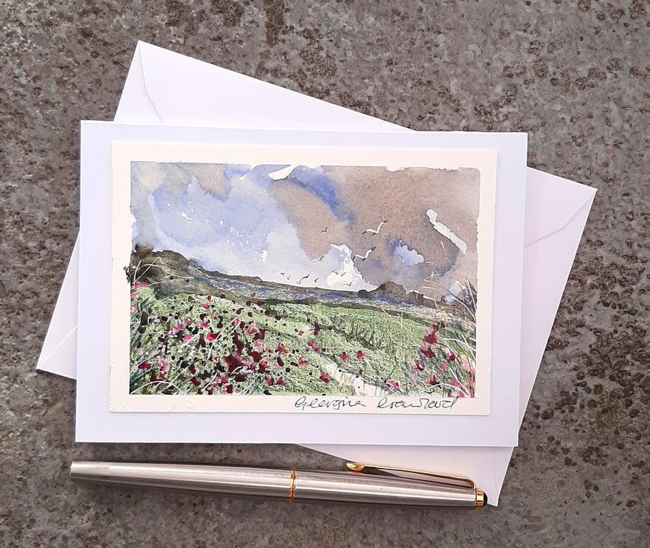 Pastel Pink Campion Countryside Wildflowers. Blank Card. Original Painting