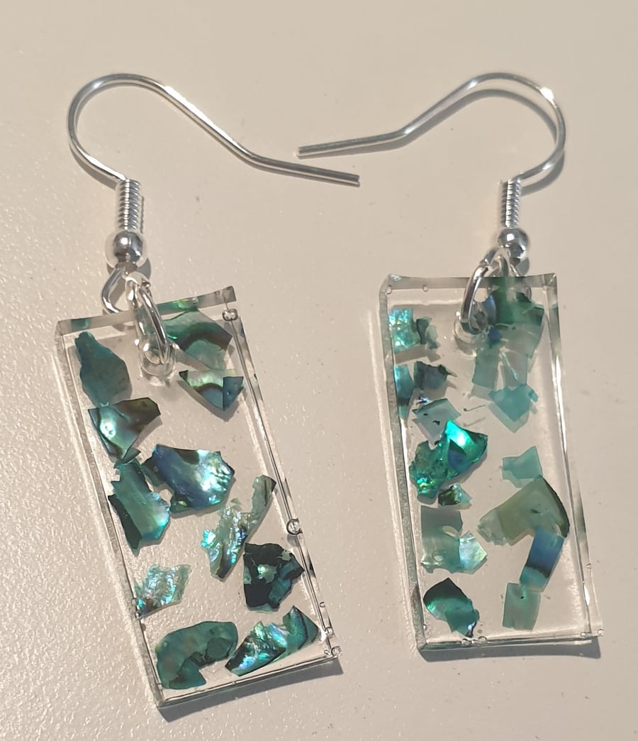 Rectangle green mother of pearl resin earrings