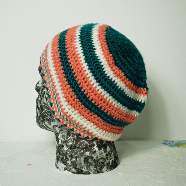 Unisex Striped Beanie in Orange, Cream and Teal