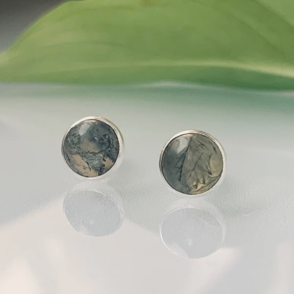 Recycled Handmade Sterling Silver Moss Agate Stud earrings